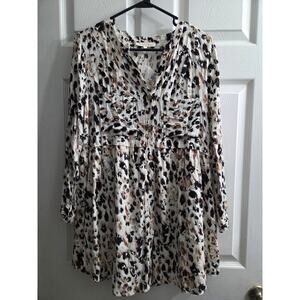 Oliveaceous Womens Leopard Print Long Sleeve Lined Button Shirt Dress Med NWT
